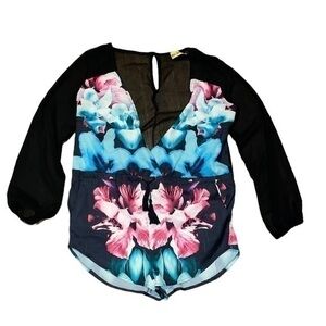 For Love &- Floral Sheer Long Sleeve Hawaiian Romper Bikini Cover Up Size L